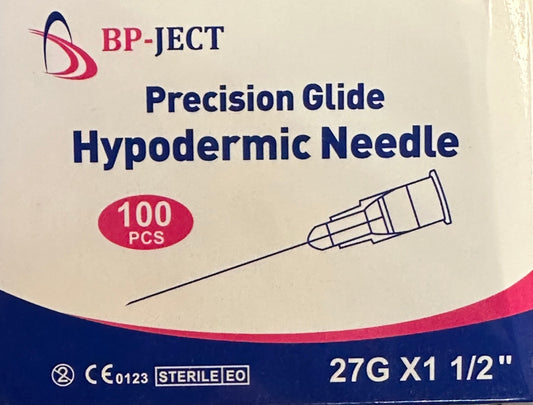 BPJect Sterile Hypodermic 27g 1.5 inch needles 100pk