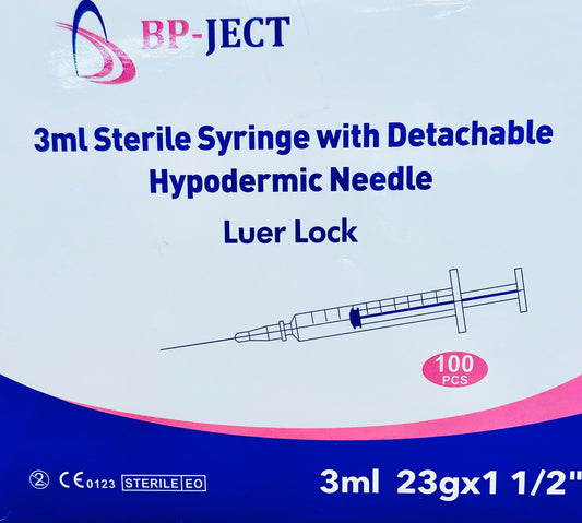 3cc Syringe with Detachable 23g 1 1/2 inch needle