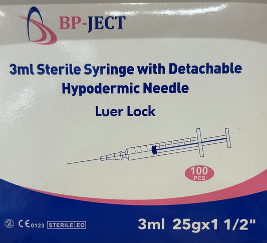 3cc Syringe with Detachable 25g 1 1/2 inch needle