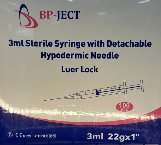 3cc Syringe with Detachable 22g 1 inch needle