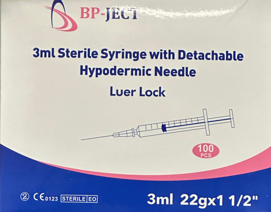 3cc Syringe with Detachable 22g 1 1/2 inch needle