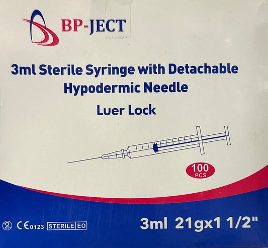 3cc Syringe with Detachable 21g 1 1/2 inch needle